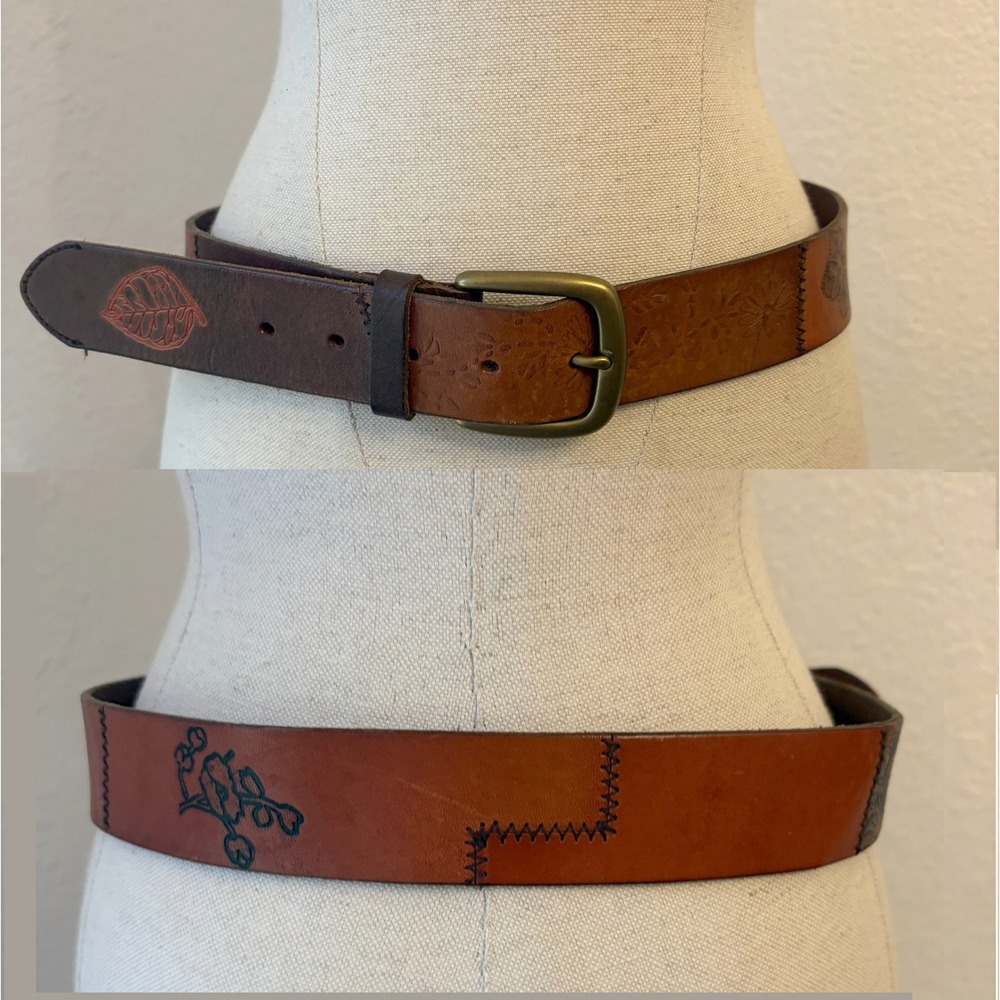 Eddie Bauer Genuine Leather Belt Womens M Y2K Patchwork Botanical Embossed Brass